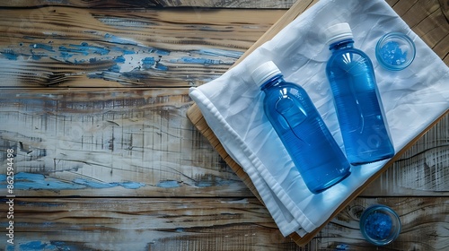 Two bottle blue color lie on a white towel and on wooden boards photo