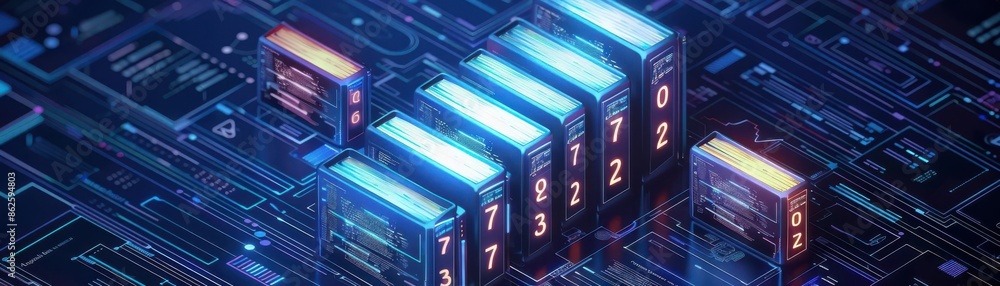 A digital catalog interface showing numbered books with glowing covers, futuristic, blue and white color scheme, isometric illustration, sleek design A digital catalog interface showing numbered books with glowing covers, futuristic, blue and white color scheme, isometric illustration, sleek design
