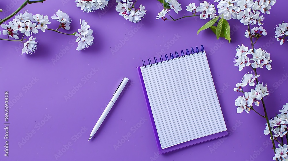 two notebook pen and white flowers on a bright lilac background two notebook pen and white flowers on a bright lilac background