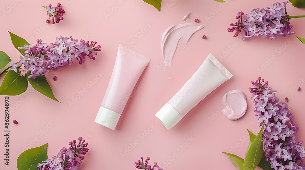 two tubes with cosmetic creams and sprigs of lilac flowers on a pink background two tubes with cosmetic creams and sprigs of lilac flowers on a pink background