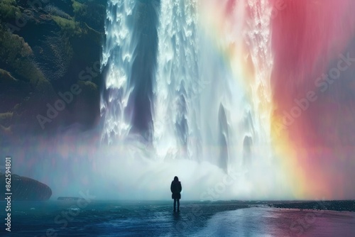 Waterfall Rainbow. Iceland Skogafoss Waterfall with Rainbow in Magical Landscape photo
