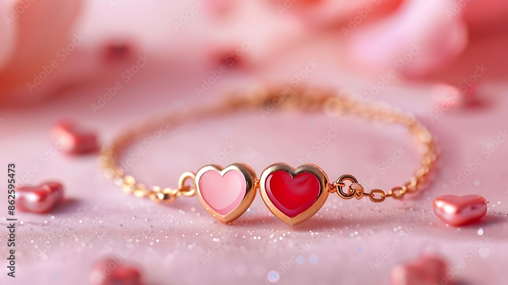 Valentines gift for her bracelet with two hearts on a pink background Valentines gift for her bracelet with two hearts on a pink background