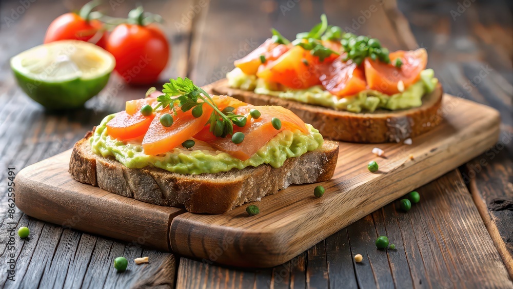 Smoked salmon toast topped with creamy guacamole on a rustic wooden board, smoked salmon, toast, guacamole, avocado, appetizer Smoked salmon toast topped with creamy guacamole on a rustic wooden board, smoked salmon, toast, guacamole, avocado, appetizer