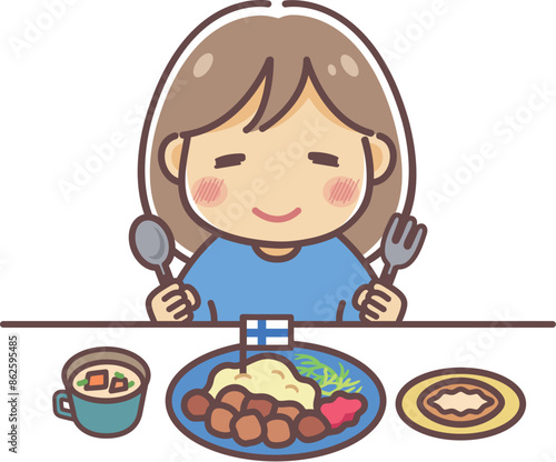 フィンランドの食事を食べる女の子のイラスト素材