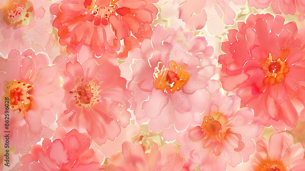 Flower Zinnia Pink with Gold Accents. Flowers Illustration in Watercolor Hand Drawn Style. Texture Background Wallpaper Painting Flower Zinnia Pink with Gold Accents. Flowers Illustration in Watercolor Hand Drawn Style. Texture Background Wallpaper Painting