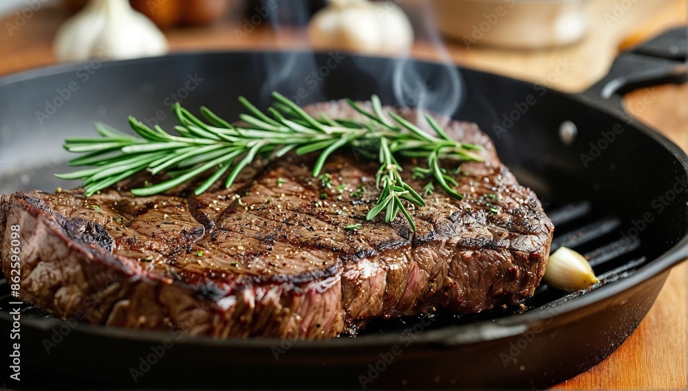 Sizzling Grilled Steak with herbs and spices on Grill Pan. The process of cooking steak. Sizzling Grilled Steak with herbs and spices on Grill Pan. The process of cooking steak.