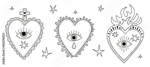 Mexican sacred hearts. Heart shape with eye and pattern. Doodle outline elements.