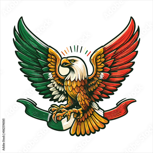 Mexican flag with bold red, white, and green hues, eagle holding snake, and cactus. Vector pennant with 3d papercut effect exudes the rich cultural heritage and spirit of Mexico