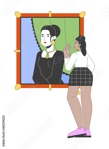 Curvy latina woman looking at mona lisa painting 2D linear cartoon character. Hispanic female enjoying famous artwork isolated line vector person white background. Gallery color flat spot illustration