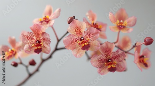 Image shows a branch of pink orchid flowers with yellow and red spots on petals. Orchid flowers are a symbol of beauty and elegance.