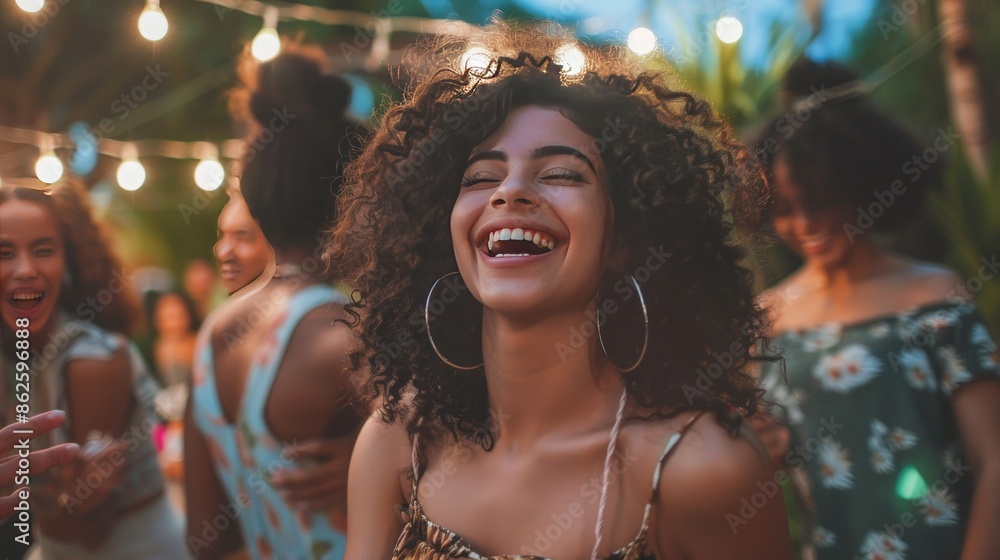 A woman with curly hair is smiling and laughing with a group of people. Generate AI image A woman with curly hair is smiling and laughing with a group of people. Generate AI image