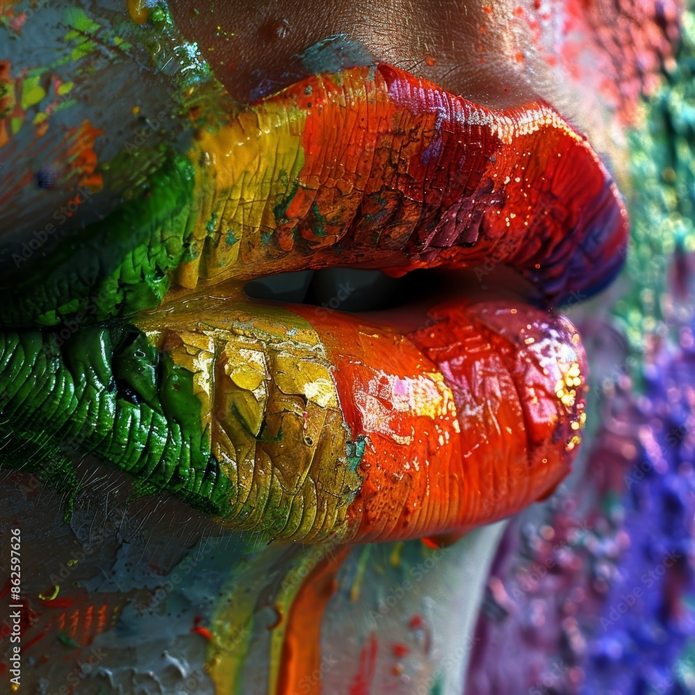 Naklejka premium Close-up of colorful painted lips, vibrant and abstract.