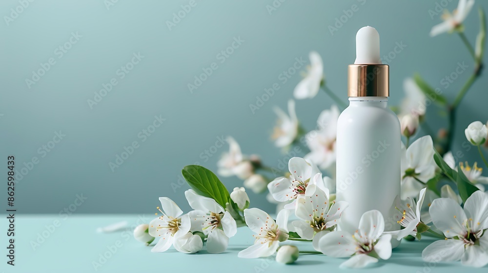 White dropper bottle and spring flowers on blue background White dropper bottle and spring flowers on blue background
