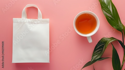 White eco bag and a cup of tea on a pink background