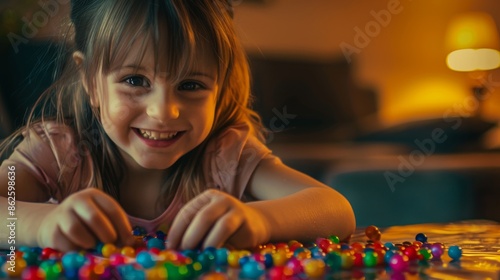 An elementary school girl teaches numbers with colorful beads and cartoon paper