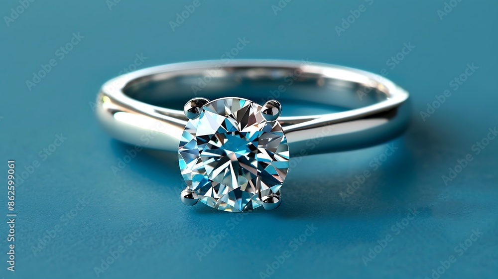 White gold engagement ring with a big round cut diamond on blue background White gold engagement ring with a big round cut diamond on blue background