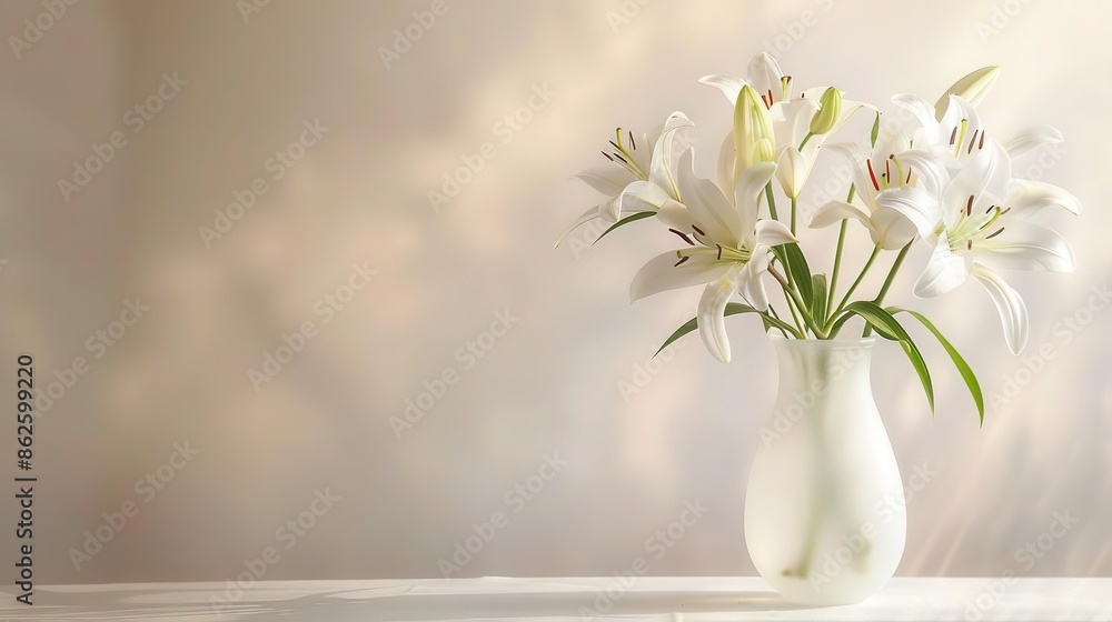 Produce a stunning image of a vase filled with lilies, elegantly placed on a table, set against a soft pastel backdrop with ample copy space Produce a stunning image of a vase filled with lilies, elegantly placed on a table, set against a soft pastel backdrop with ample copy space