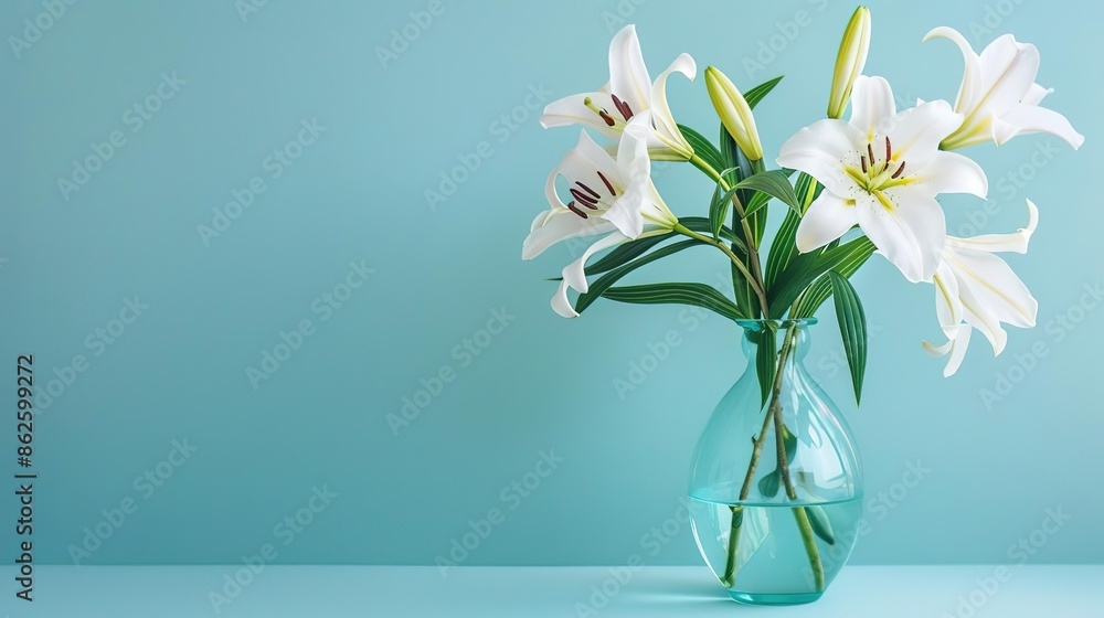 Create an aerial view of a vase with lilies on a table, against a plain pastel background with copy space Create an aerial view of a vase with lilies on a table, against a plain pastel background with copy space