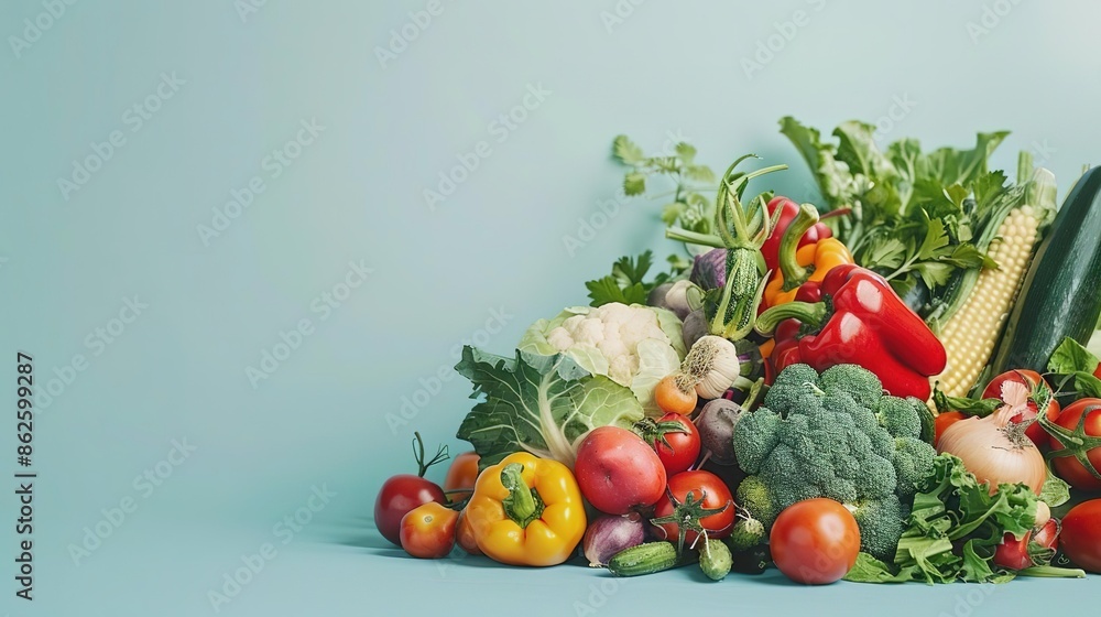 Capture a tilted angle view of a vibrant harvest of fresh vegetables against a plain pastel background, leaving ample copy space Capture a tilted angle view of a vibrant harvest of fresh vegetables against a plain pastel background, leaving ample copy space