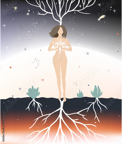 Young standing woman meditating with star in her hands. Meditation, harmony, and enlightenment concept. Universe creation. 