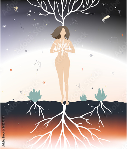 Young standing woman meditating with star in her hands. Meditation, harmony, and enlightenment concept. Universe creation. Vector illustration