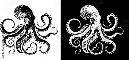An octopus or cthulhu tattoo style woodcut kraken mascot squid concept