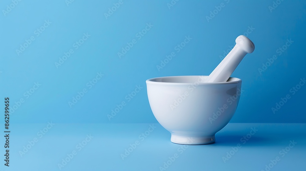 White pharmacy mortar and pestle on the blue background White pharmacy mortar and pestle on the blue background