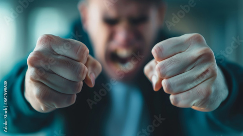 A person clenching their fists in anger, feeling intense rage, with a chaotic room setting and a sense of aggression and hostility photo
