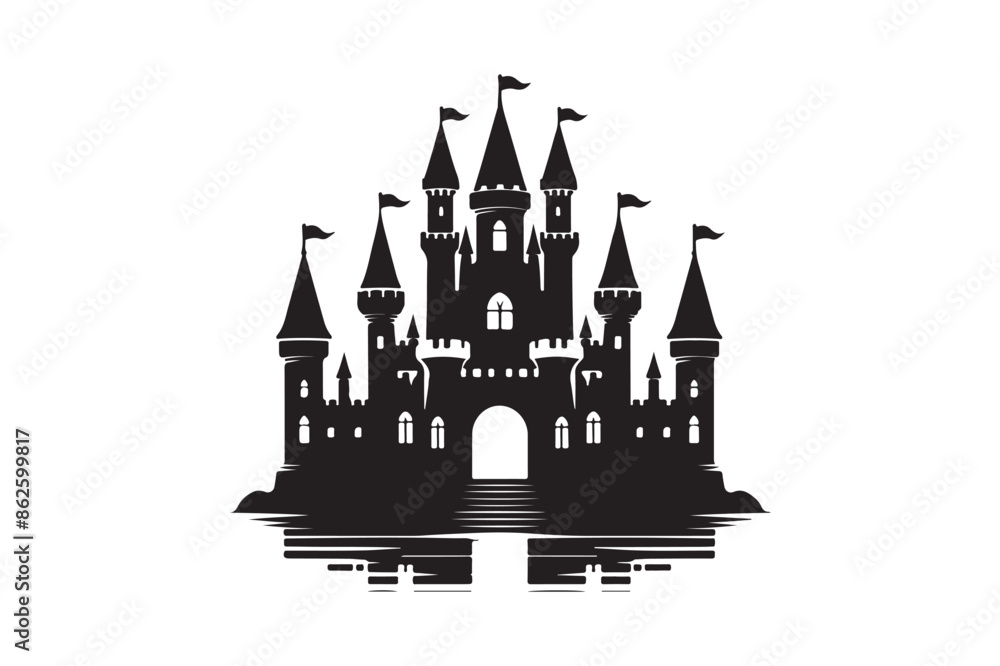 Obraz premium Black and white illustration of a castle icon