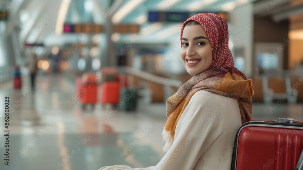 A woman in a hijab sits at an airport, waiting for her flight. The blurred background adds to the sense of solitude and anticipation. A woman in a hijab sits at an airport, waiting for her flight. The blurred background adds to the sense of solitude and anticipation.