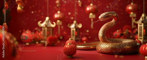 Wallpaper Mural A golden snake figurine among red lanterns, symbolizing Chinese New Year celebration. Torontodigital.ca