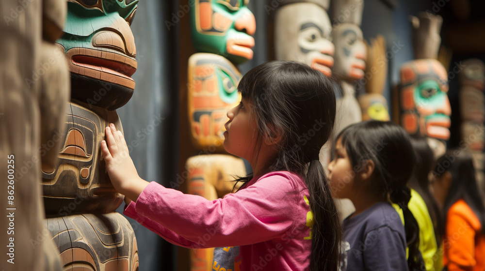 Obraz premium Children participating in an interactive workshop about the history and significance of totem poles at a local museum.