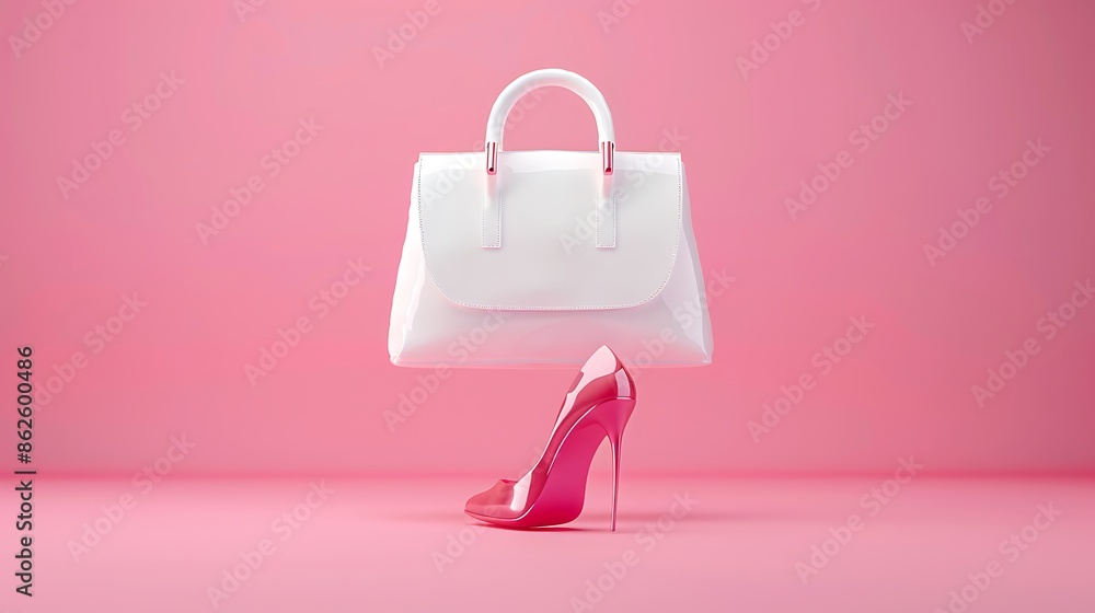 Obraz premium White womens handbag high heels purse lipstick mirror flying over pink background