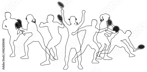 Silhouette Tennis players set. Active sports people healthy players fitness silhouettes concept.