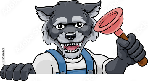 A wolf plumber cartoon mascot holding a toilet or sink plunger
