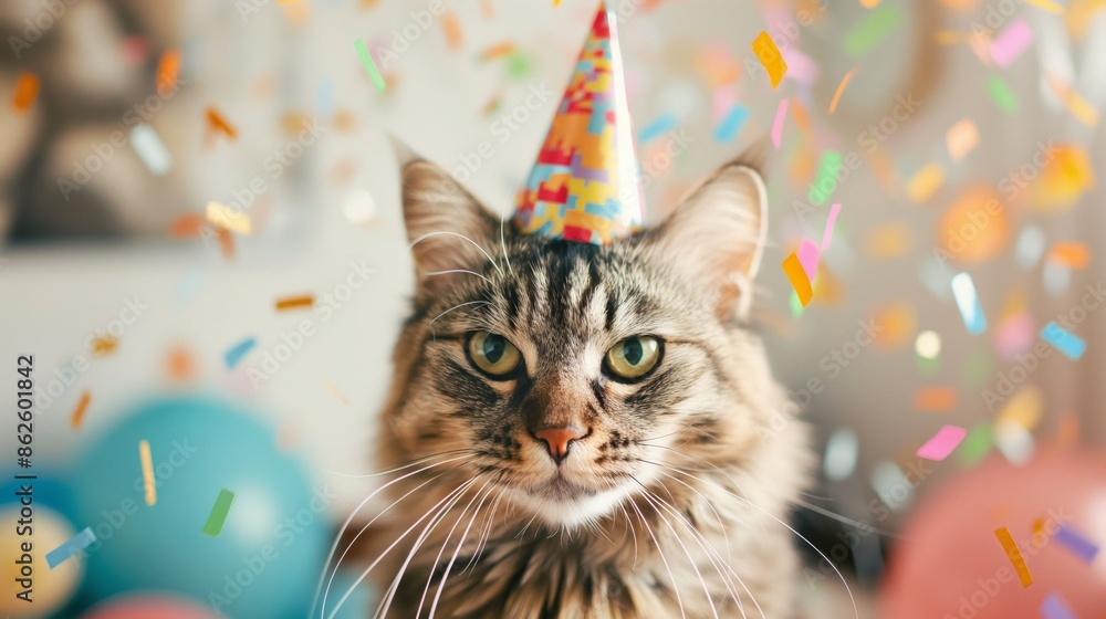 Cat wearing a party hat with colorful confetti falling around. Cat wearing a party hat with colorful confetti falling around.
