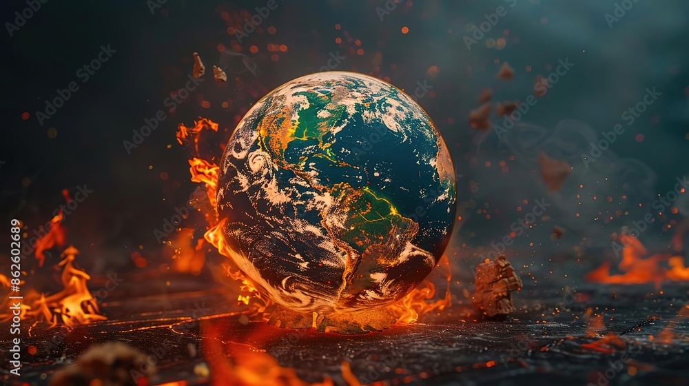 Globe on fire, collapsing cities, dark backdrop, intense flames, global warming concept, vivid details isolated on soft plain pastel solid background Globe on fire, collapsing cities, dark backdrop, intense flames, global warming concept, vivid details isolated on soft plain pastel solid background