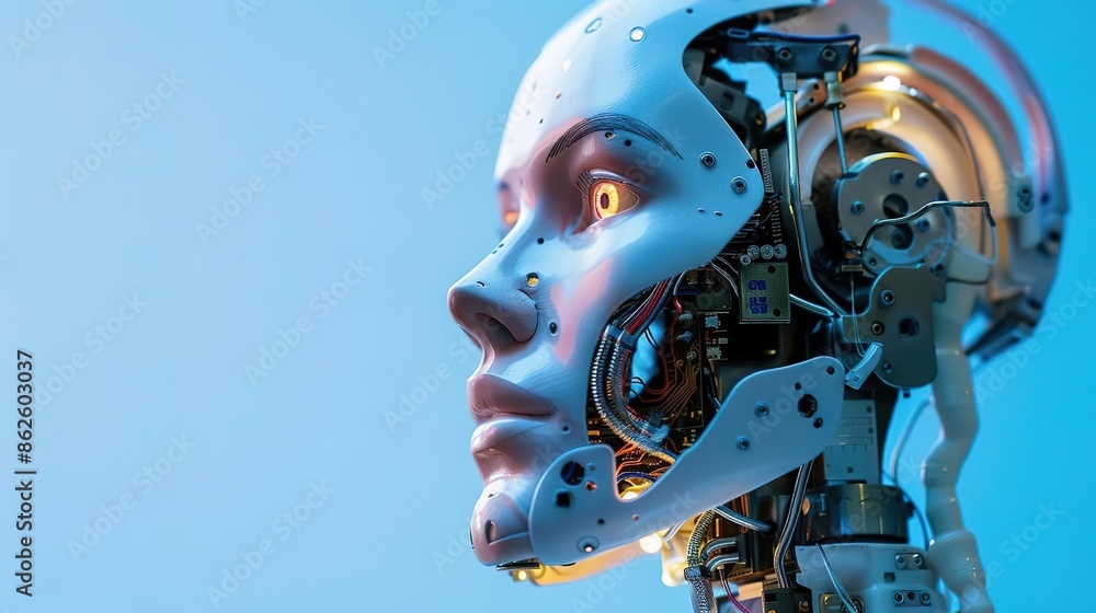 Profile of robotic face, illuminated circuits, blue backdrop, machine learning, tech advancement isolated on soft plain pastel solid background Profile of robotic face, illuminated circuits, blue backdrop, machine learning, tech advancement isolated on soft plain pastel solid background
