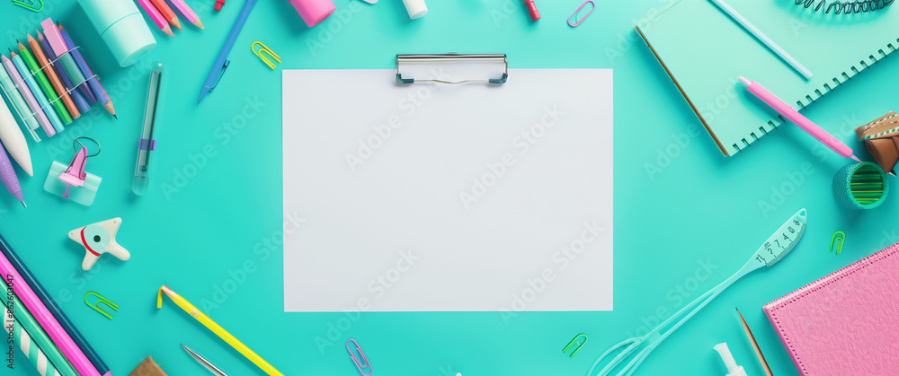An assortment of notebooks and stationery items on a blue background, featuring pens, clips, and paper. Ideal for office themes, educational projects, and organized workspace concepts. An assortment of notebooks and stationery items on a blue background, featuring pens, clips, and paper. Ideal for office themes, educational projects, and organized workspace concepts.