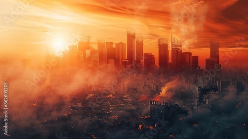 Burning Earth with city ruins, dark haze, dramatic illumination, close-up, global warming effect isolated on soft plain pastel solid background