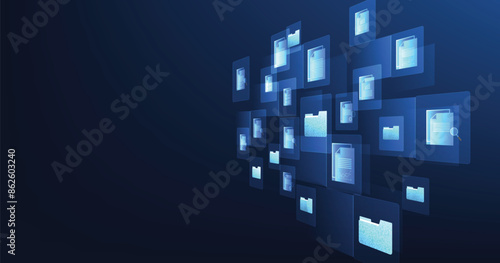 Document management and digital document paperless operation concept. Document management and Data transfer through cloud technology with modern internet technology on the dark blue background.