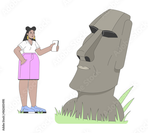 Curvy latina tourist taking photo of moai statue 2D linear cartoon character. Hispanic female with phone isolated line vector person white background. Easter island tour color flat spot illustration