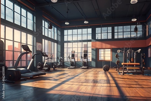 Modern gym interior with sport and fitness equipment and panoramic windows, fitness center inteior, inteior workout gym © Royalty-Free
