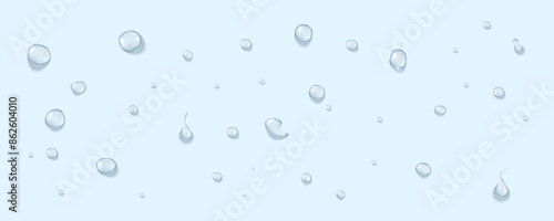 Realistic vector transparent water drops. Premium quality translucent liquid droplet set with beautiful shadows. Freshwater cool icons isolated on transparent background