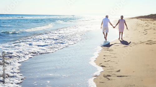 Fototapeta Naklejka Na Ścianę i Meble -  Senior couple strolling hand in hand along a deserted beach with gentle waves lapping at their feet.