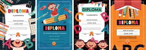 Children's diploma templates. Congratulatory certificates for primary school or kindergarten. Bright designs for designing a poster, flyer or card.