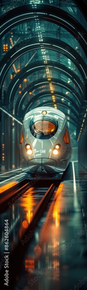 Train coming into a tunnel with lights on