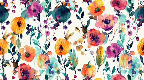 Hand Drawn Watercolor Floral (Flowers) Seamless Pattern for Wallpaper. Illustration Vector Style with Texture and Decoration. Flower with Leaves and Flora Blossom at Autumn with Pumpin photo