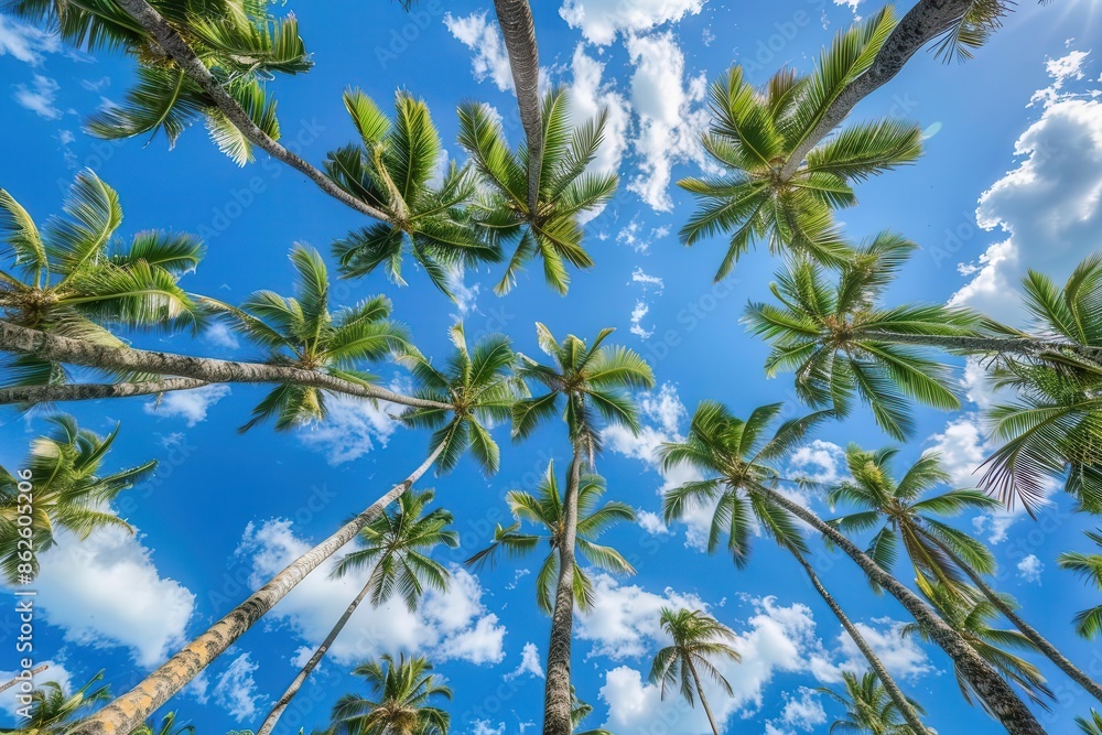 majestic palm trees reaching skyward against a backdrop of clear vibrant blue sky dramatic lowangle view emphasizes the trees height and the tropical ambiance majestic palm trees reaching skyward against a backdrop of clear vibrant blue sky dramatic lowangle view emphasizes the trees height and the tropical ambiance
