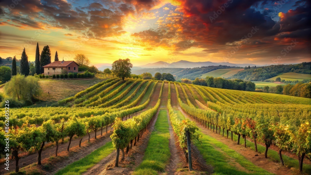 Lush vineyard in the countryside captured in a beautiful oil painting, vineyard, countryside, lush, green, landscape Lush vineyard in the countryside captured in a beautiful oil painting, vineyard, countryside, lush, green, landscape